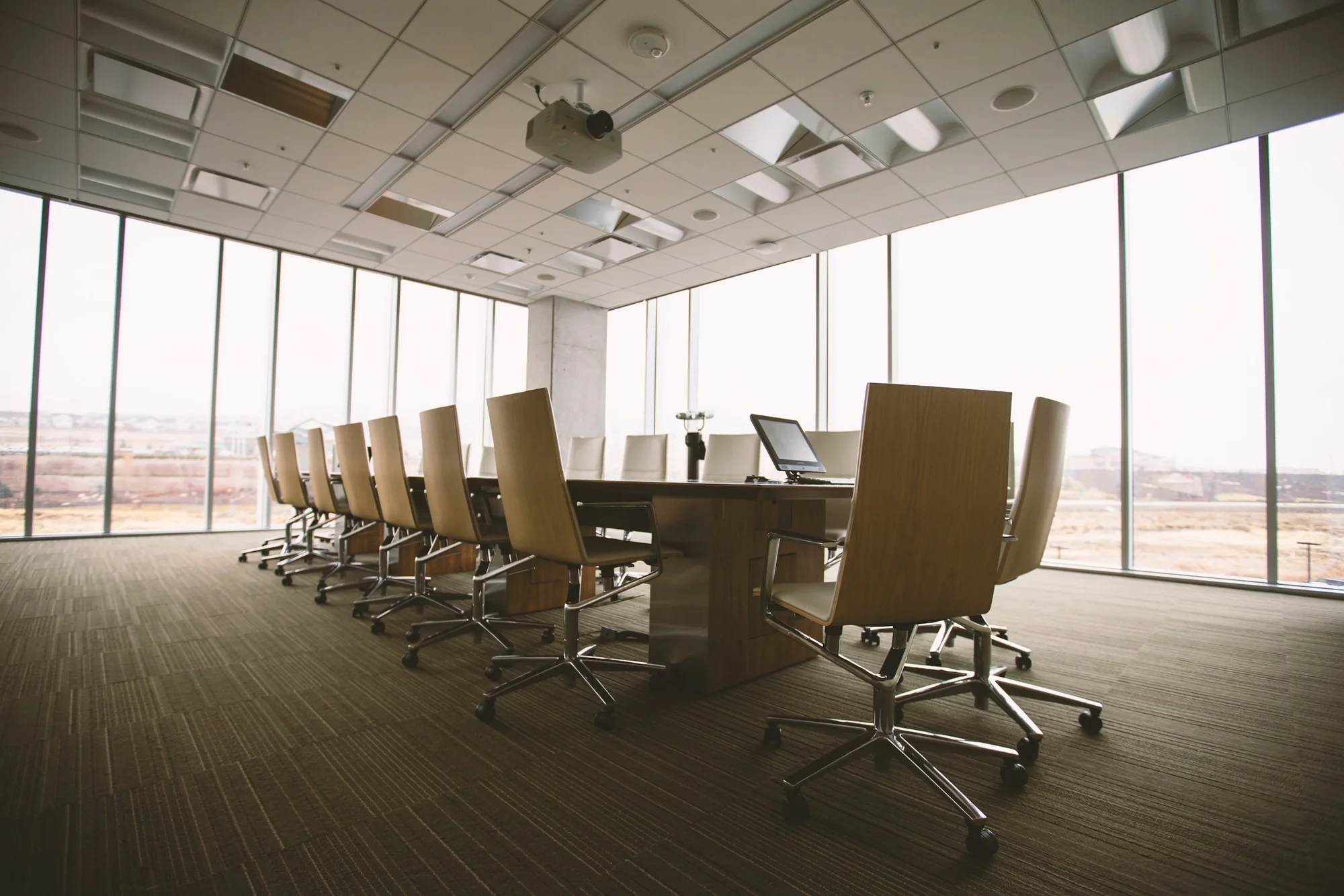 An empty boardroom prepared for a working meeting